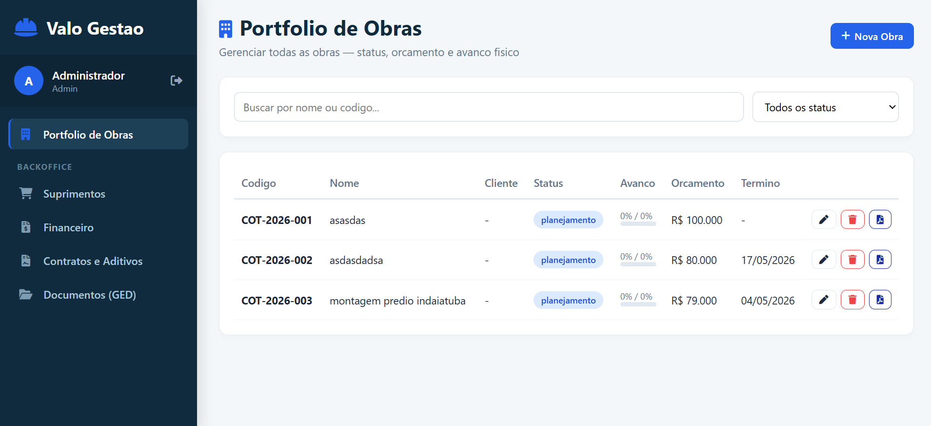Sistema de Gerenciamento de Obra — OBO Instalações